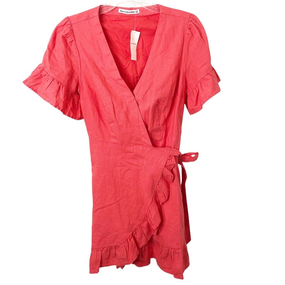 Abercrombie & Fitch NWT Pink Coral Linen Blend Short Sleeve Wrap Dress Size S